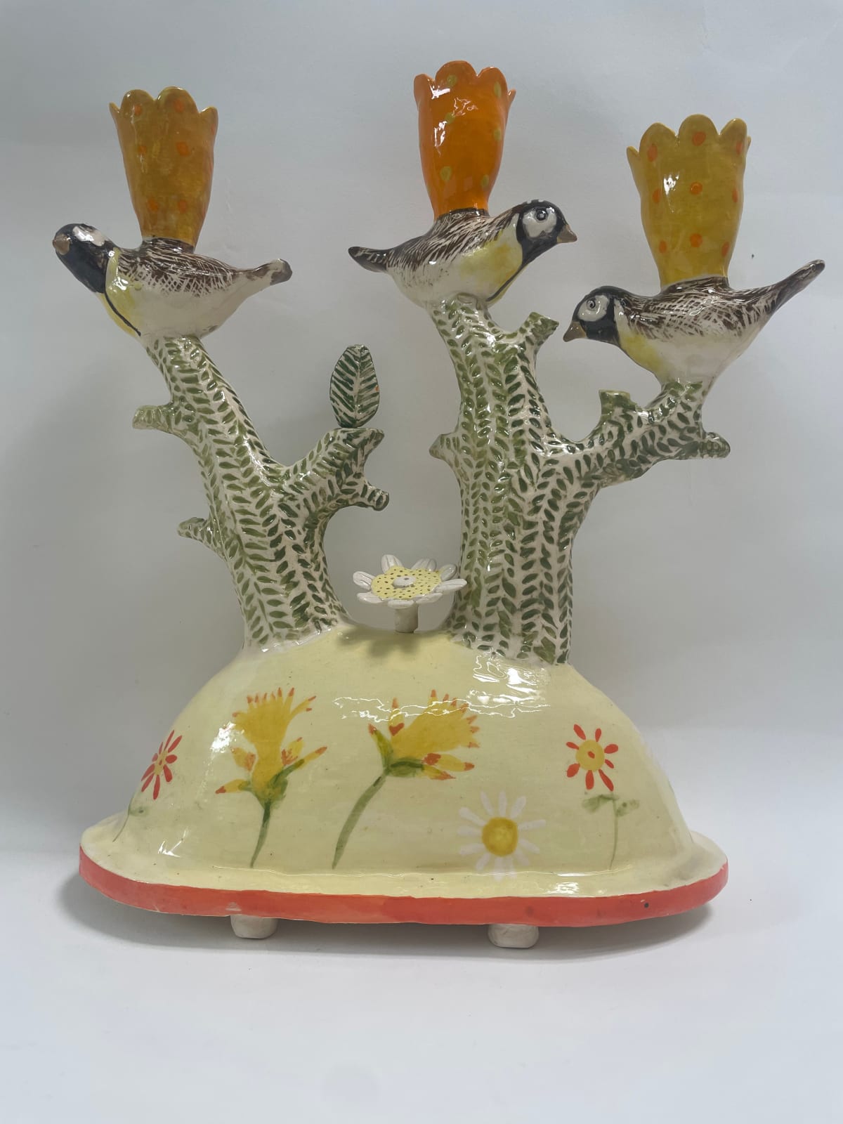 Laurance Simon, Three Yellow Tits & Daffodils Candelabra