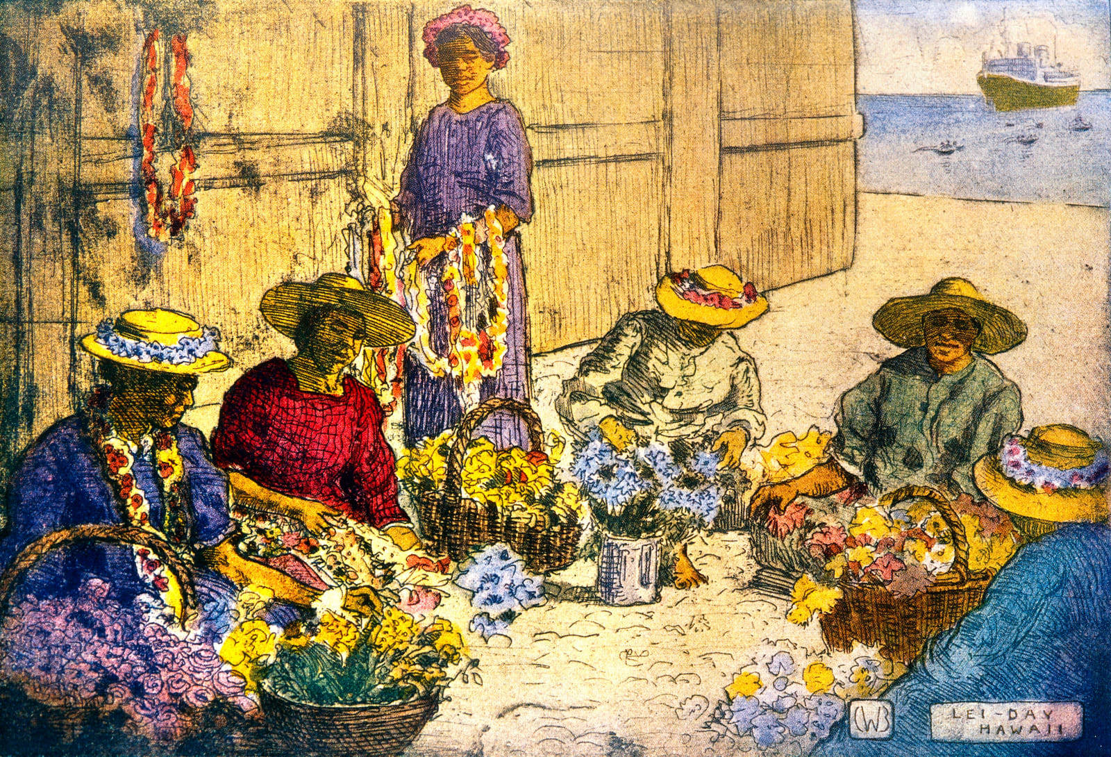 Hand colored etching by Charles W Bartlett depicting six lei-makers stringing flowers for incoming tourists while an ocean liner glides into port