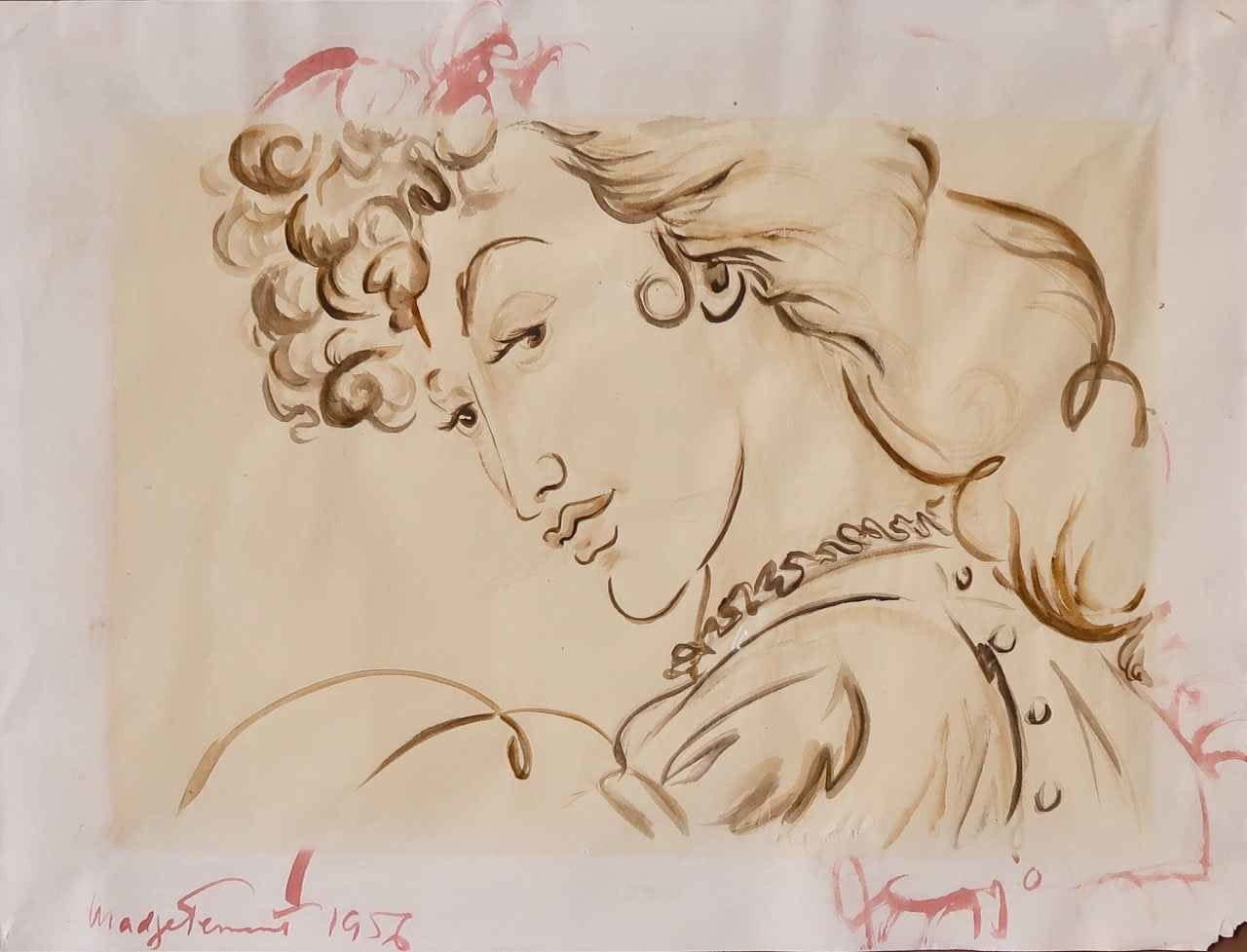 Madge Tennent, Young Female Face Drawing, 1956