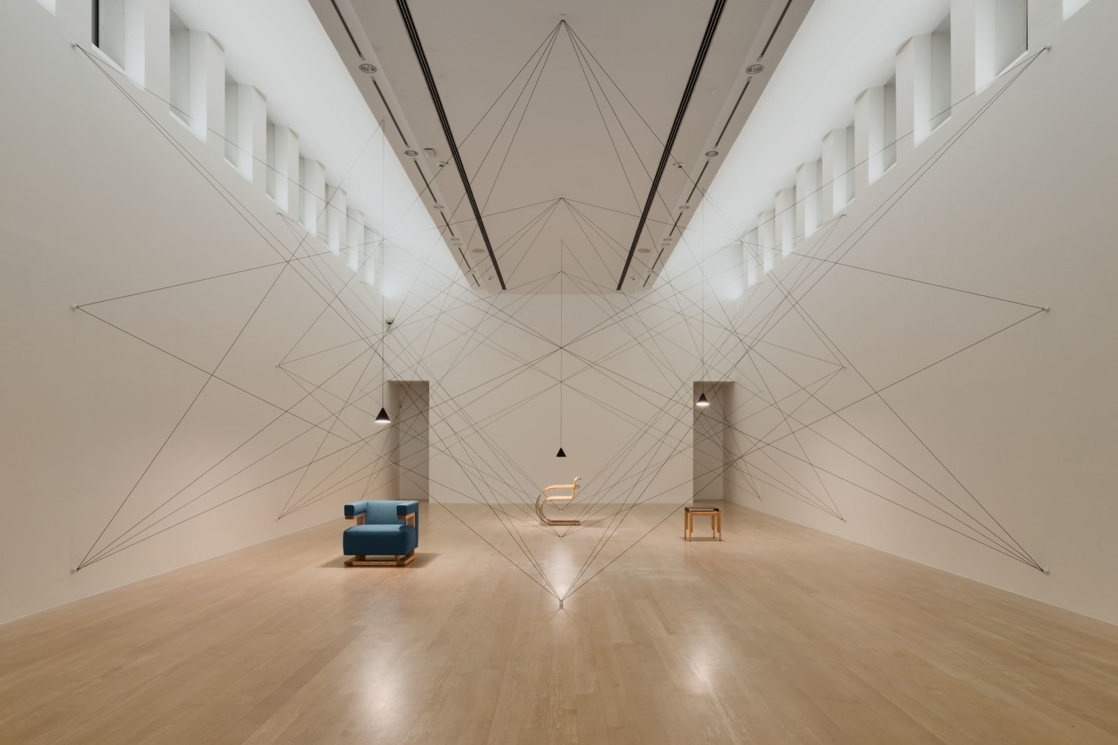 Goshka Macuga & Michael Anastassiades, Three Chairs in Space with Geometry, 2019