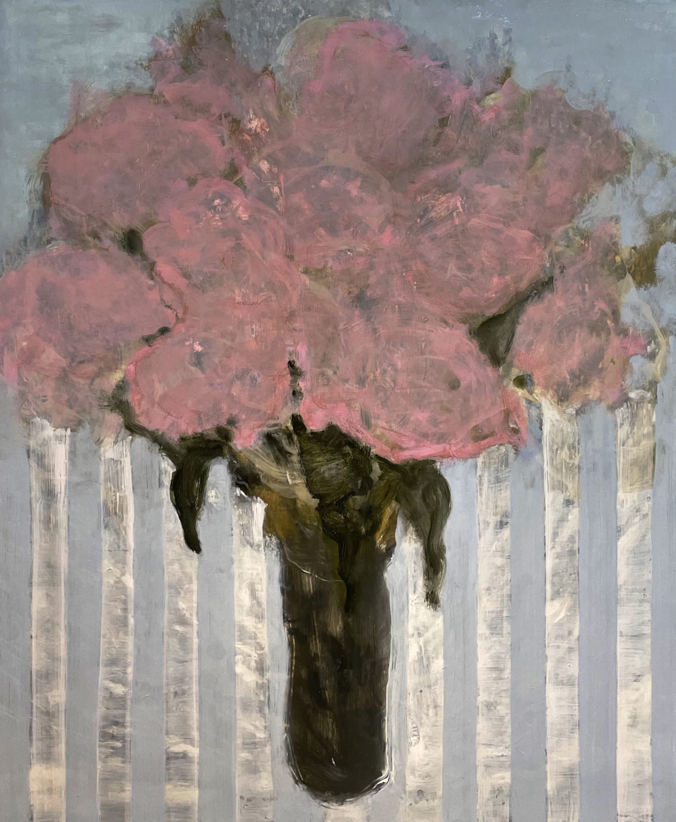 David Konigsberg, Pinks on a Blue Striped Cloth, 2021