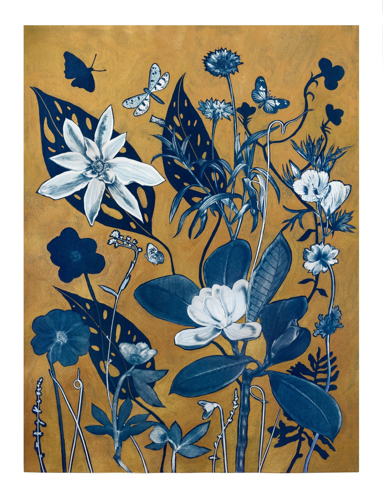 Julia Whitney Barnes, Gold Flora/Shadows (Magnolia, Cornflower, Monstera, etc.), 2023-'24
