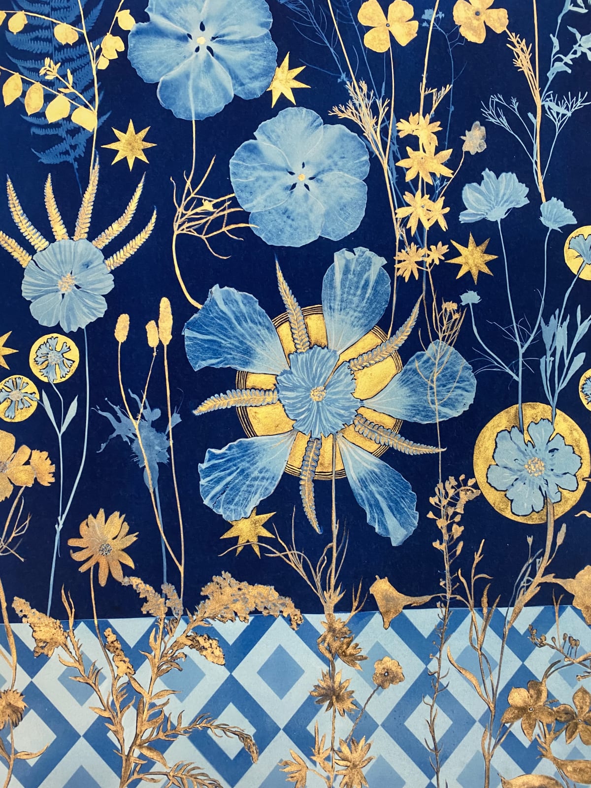 Julia Whitney Barnes, Cyanotype Print (Gold Cosmos, Rose of Sharon, Stars, Floor), 2021