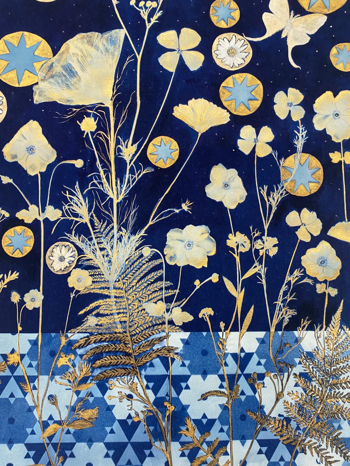 Julia Whitney Barnes, Cyanotype Print (Gold Ferns, Anemone, Daisies, Floor, Stars , 2021