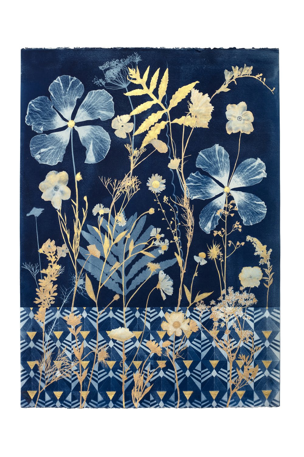 Julia Whitney Barnes, Cyanotype Print (Gold Hibiscus, Daisies, Cosmos, Pattern), 2021