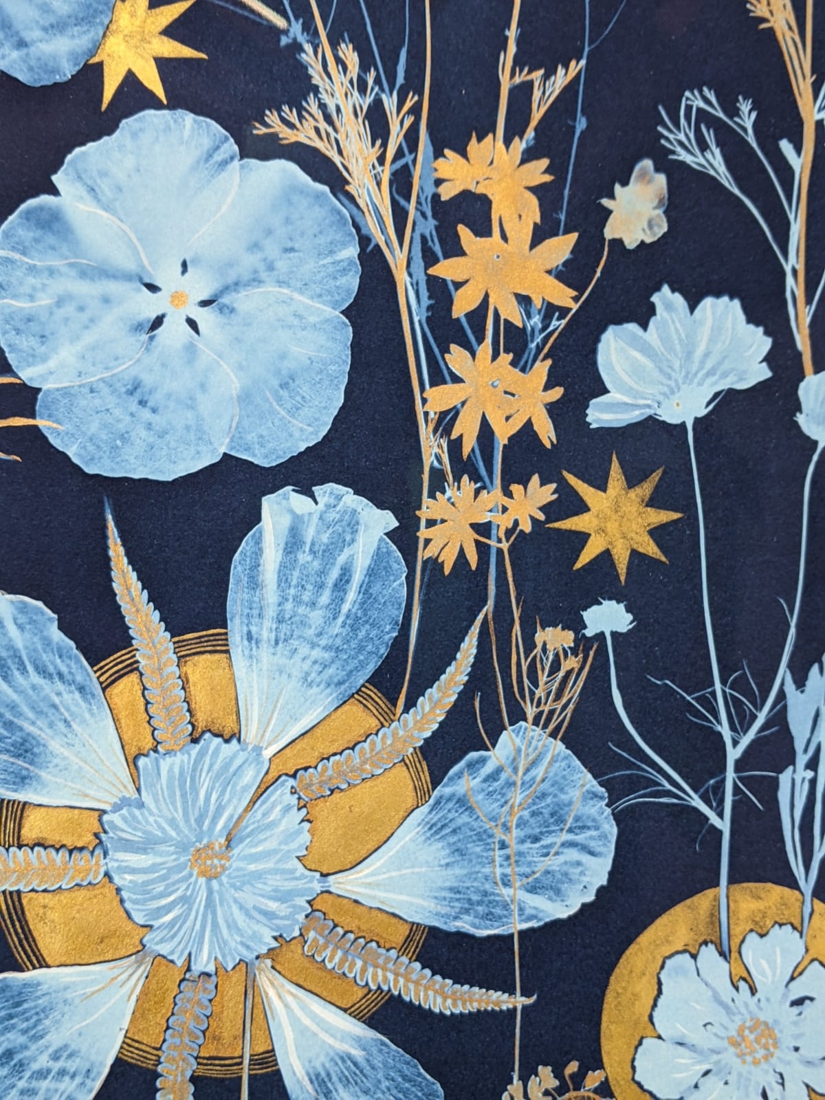 Julia Whitney Barnes, Cyanotype Painting (Gold Cosmos, Rose of Sharon, Stars, Floor Pattern), 2021