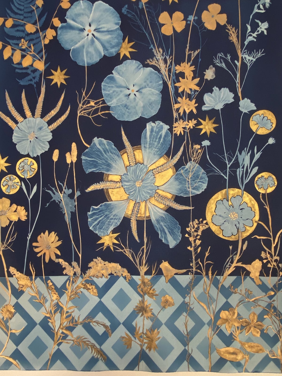 Julia Whitney Barnes, Cyanotype Painting (Gold Cosmos, Rose of Sharon, Stars, Floor Pattern), 2021
