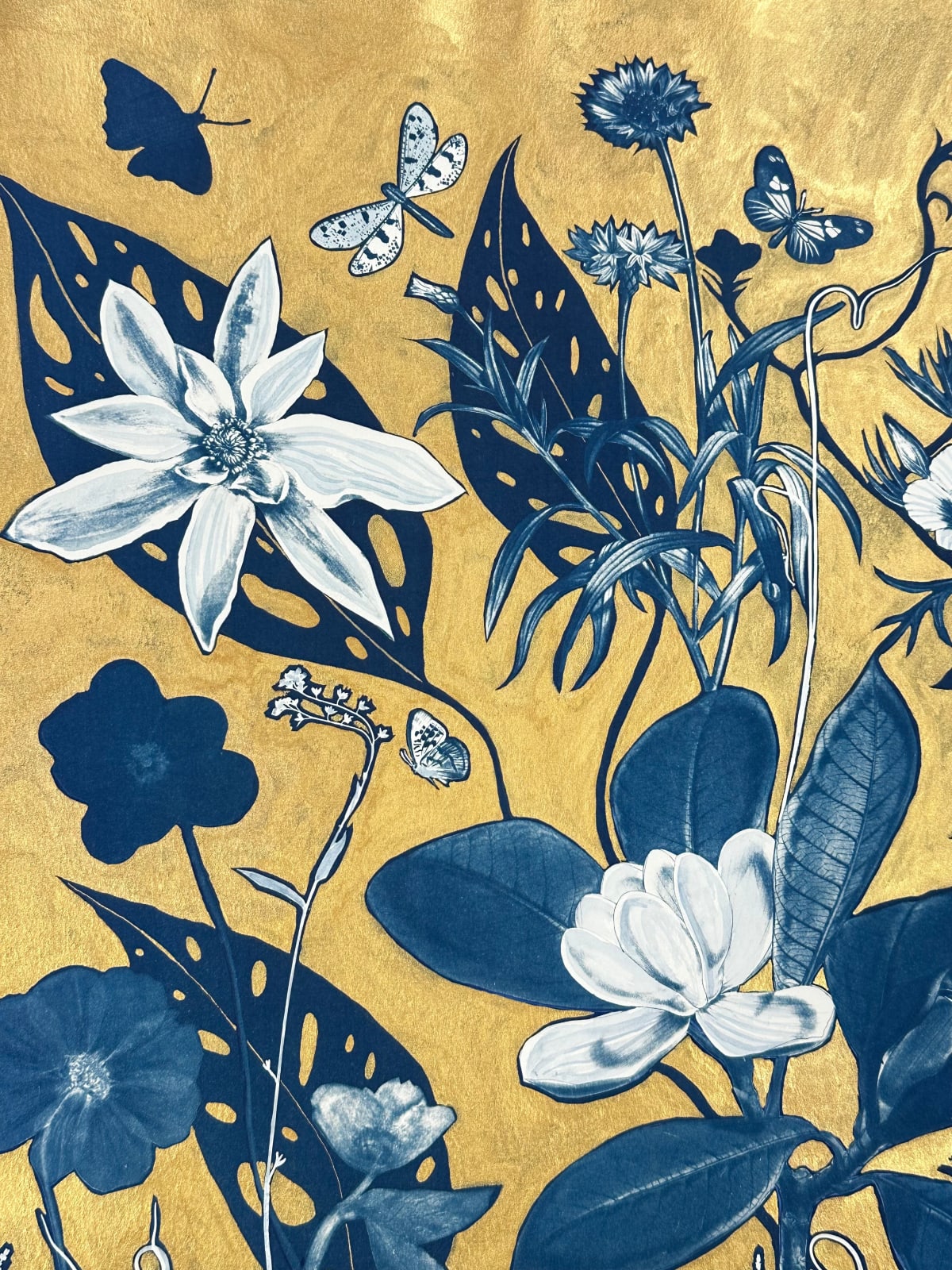 Julia Whitney Barnes, Gold Flora/Shadows (Magnolia, Cornflower, Monstera, etc.), 2023-'24