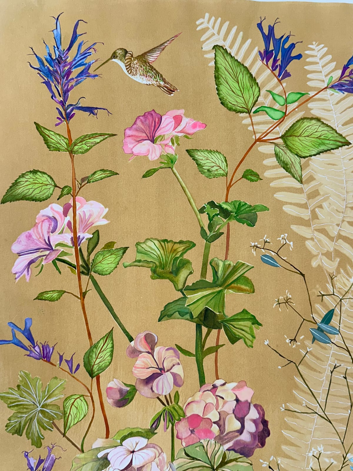 Julia Whitney Barnes, Luminous Nature (Geraniums Hummingbird Ferns, etc.), 2021-'22