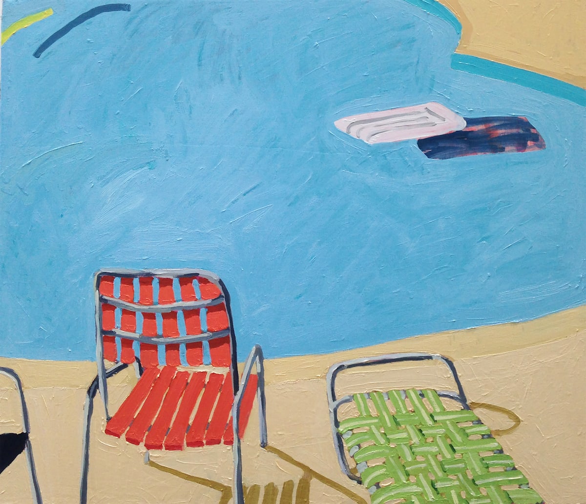 Sophie Treppendahl, Pool Chairs, raft and a yellow noodle, 2018