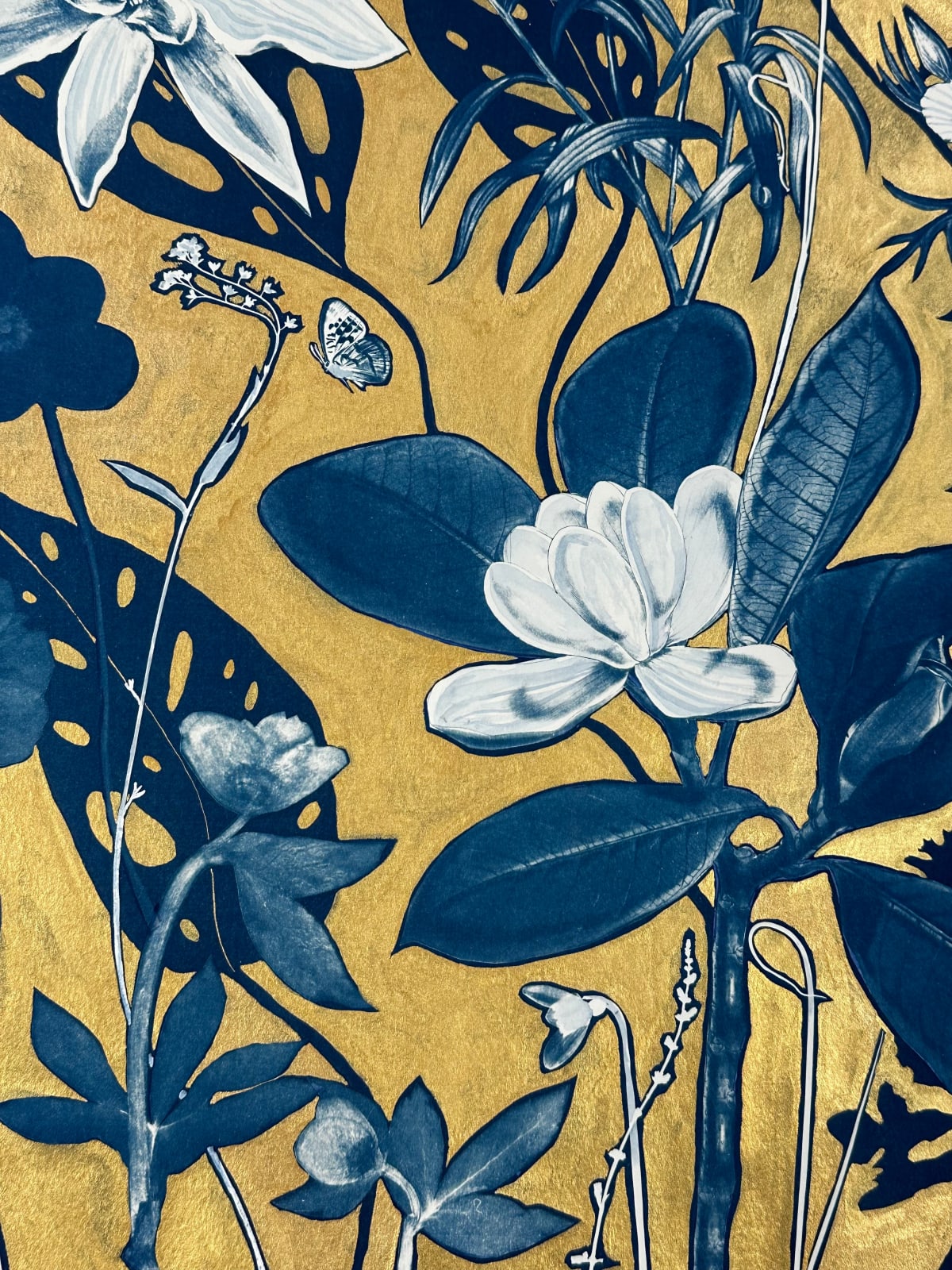 Julia Whitney Barnes, Gold Flora/Shadows (Magnolia, Cornflower, Monstera, etc.), 2023-'24