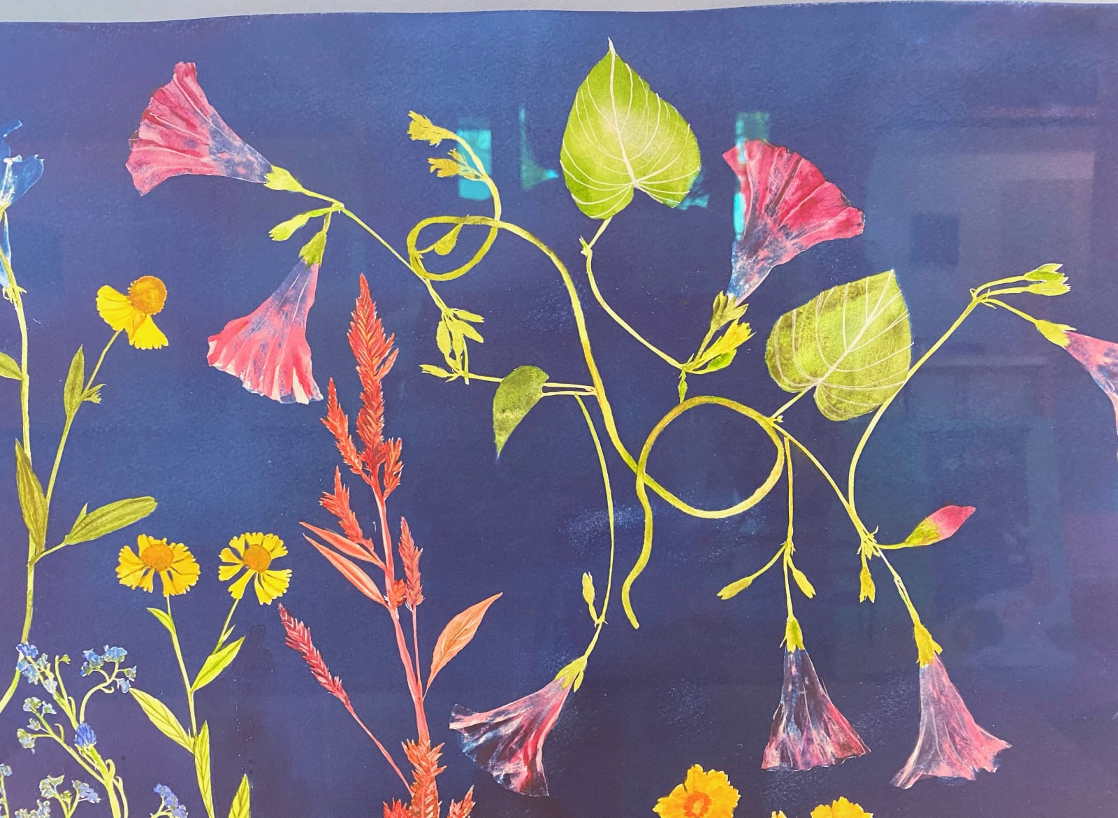 Julia Whitney Barnes, Cyanotype Painting (Morning Glories, Rose of Sharon, Hellenium, Swallowtail, etc.), 2021