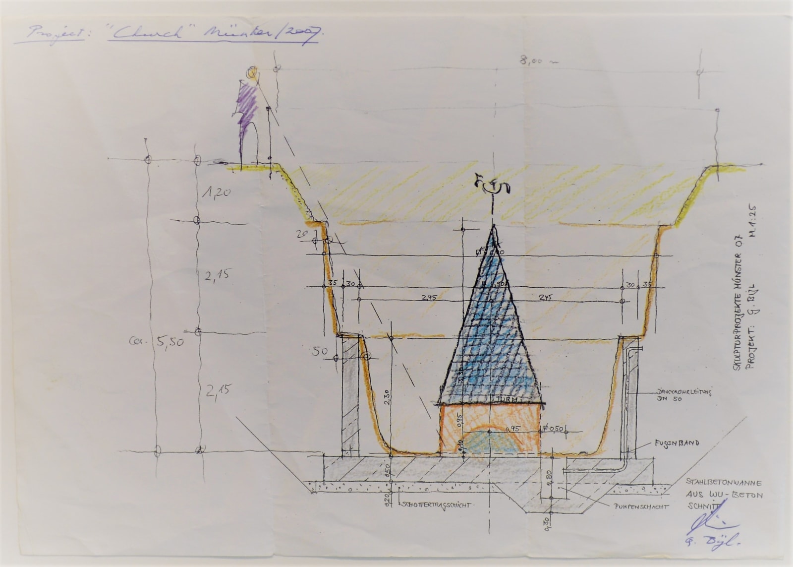 Guillaume Bijl, Project drawing for 'Skulpture Projekte Münster: Archeological Site, Church', 2007