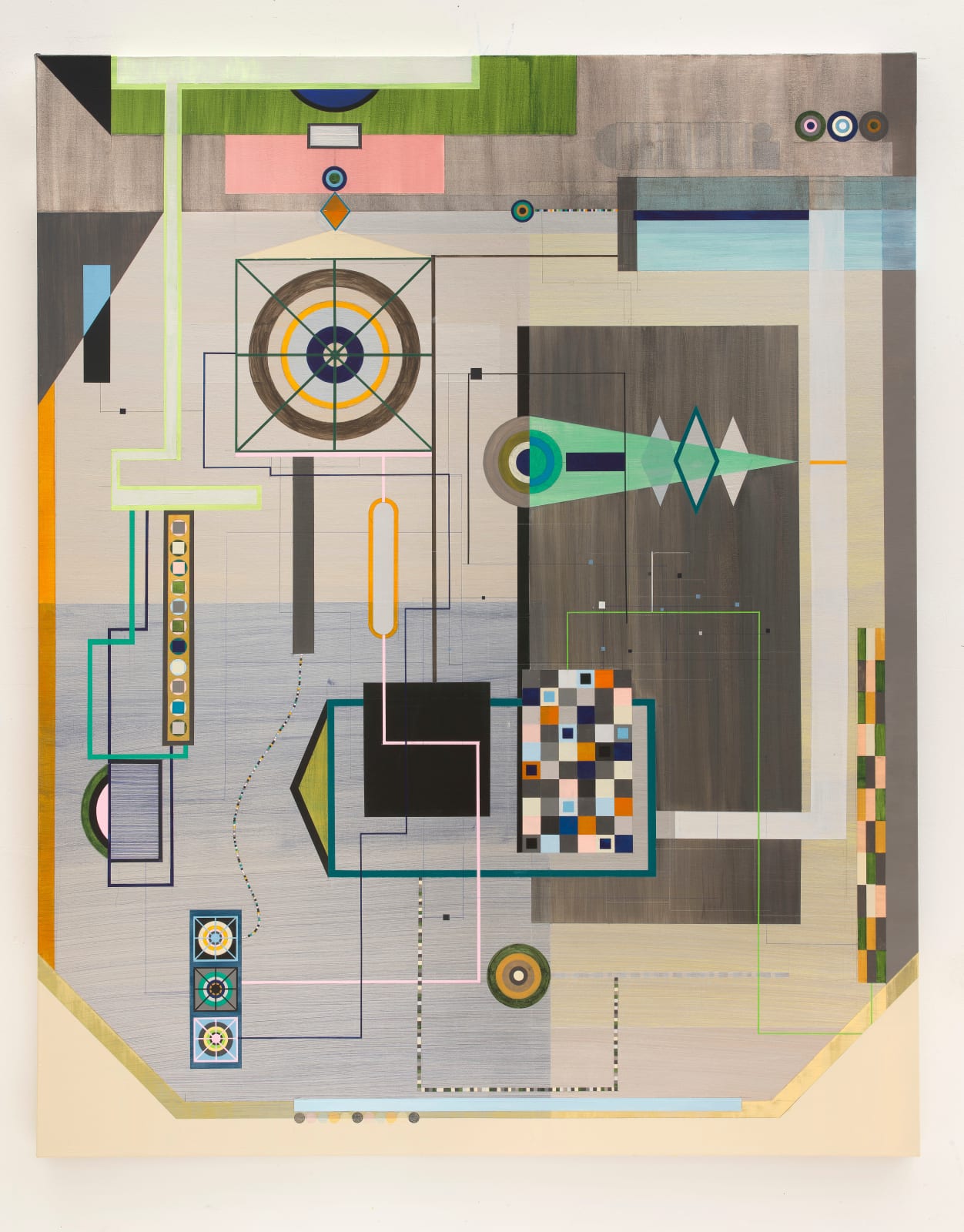 Dannielle Tegeder, Silver Underground Map with Headquarter Rotunda with Ochre Ring, Matrix Box, and Jade Routes, 2023-2021