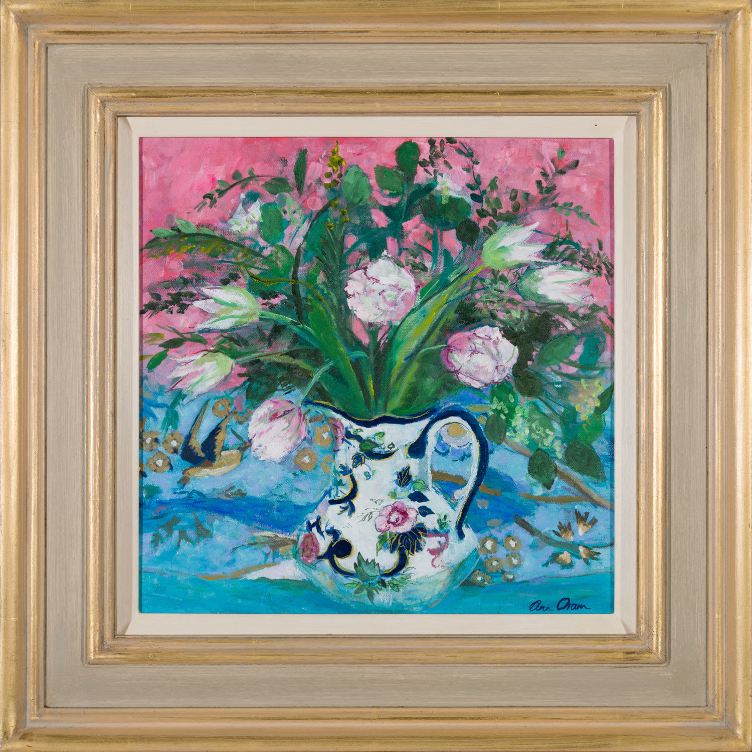 Ann Oram, A bunch of Tulips on Pink and Blue, 2025