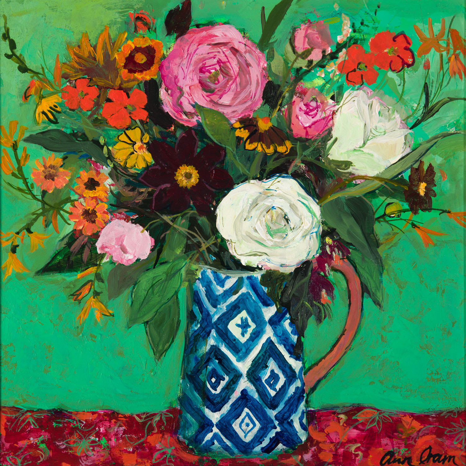 Ann Oram, Summer Flowers on a Green Ground