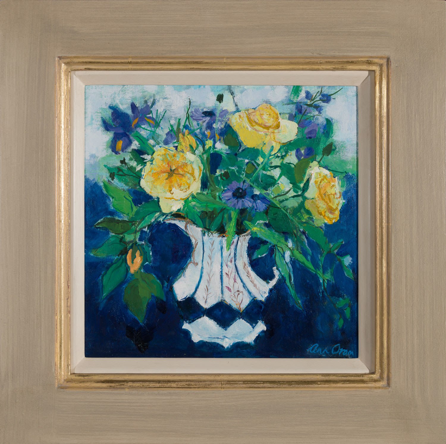 Ann Oram, Yellow Roses on Deep Blue, 2024