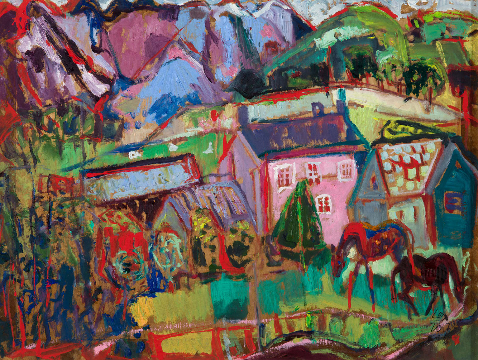 Leonie Gibbs, Pink Farmhouse with two Appaloosas, 2017