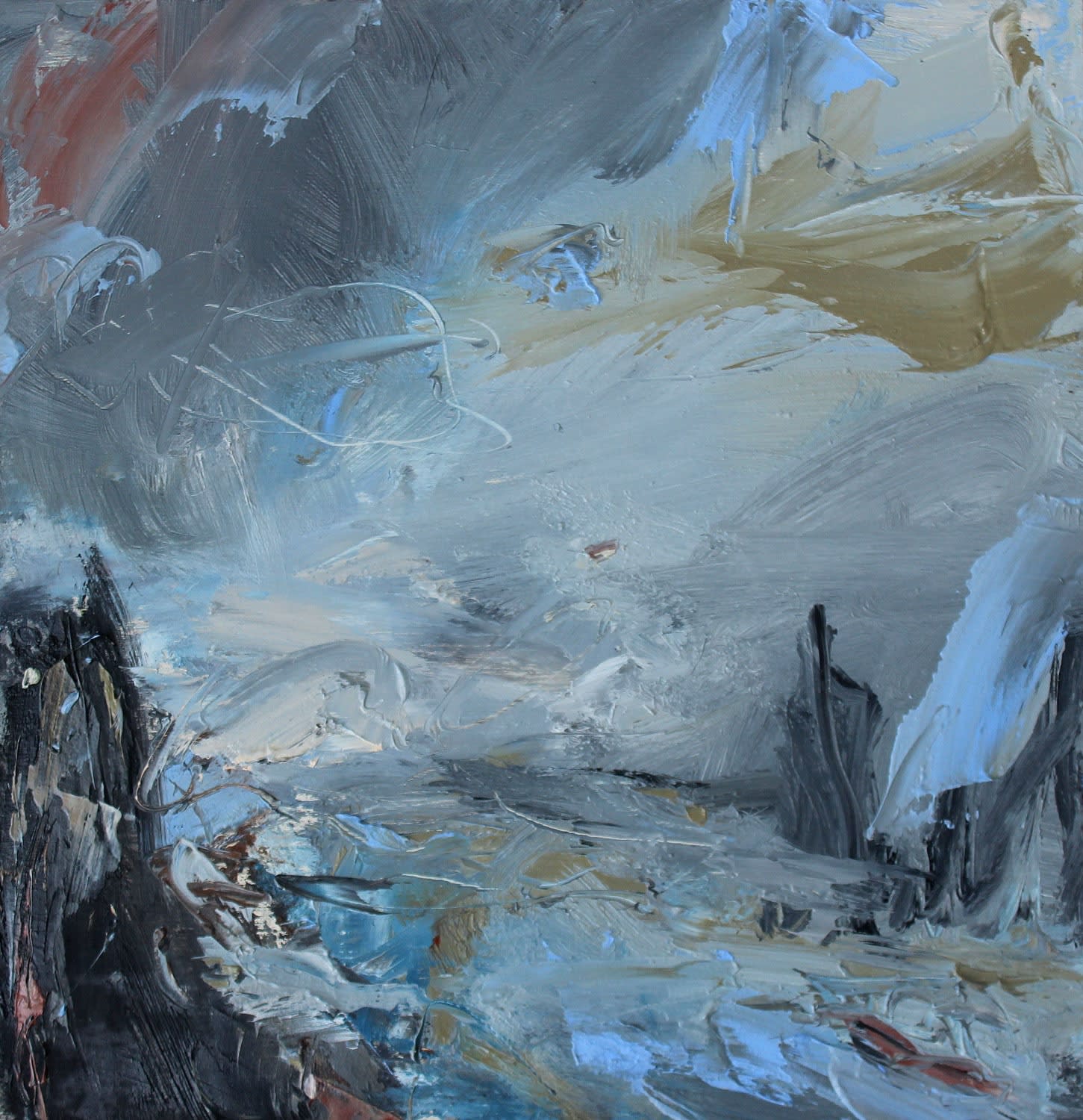 Janette Kerr PRWA, Rain an sea fog over Silwick Stacks