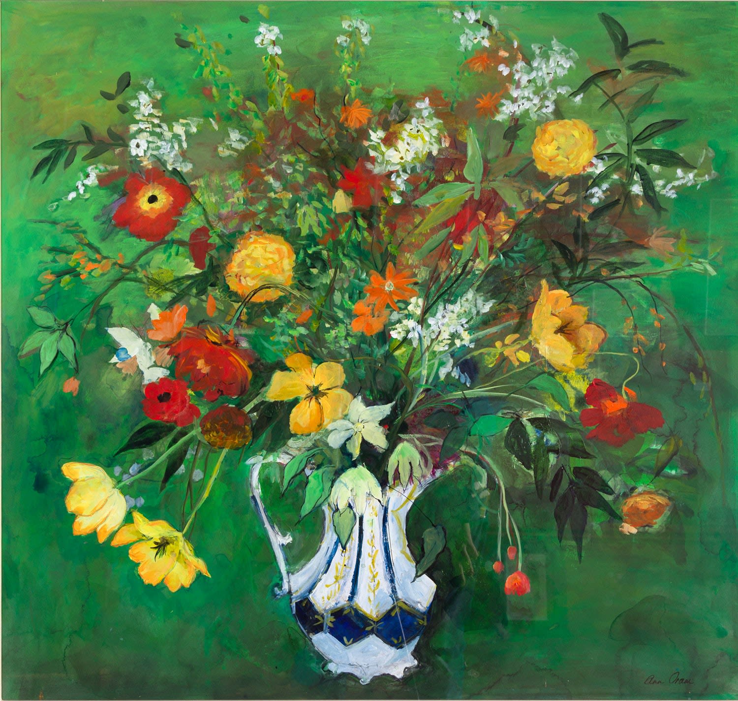 Ann Oram, Tulips and Spring Flowers on Green, 2024