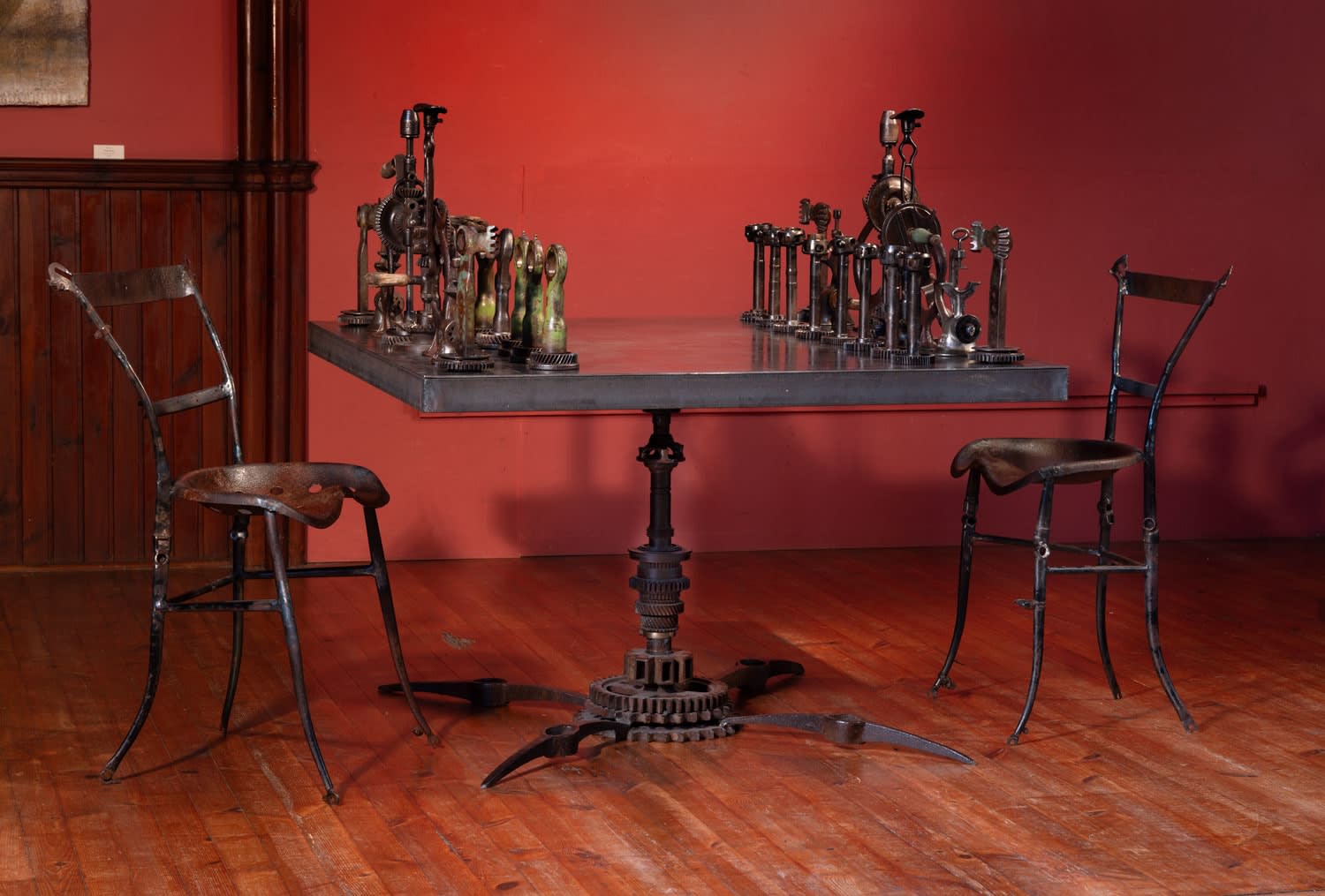 Helen Denerley, Found object chess set, table and chairs, 2023