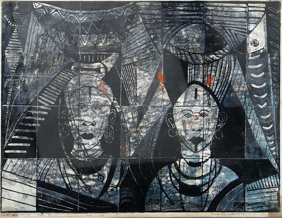 Bruce Onobrakpeya, Two Faces , 1966