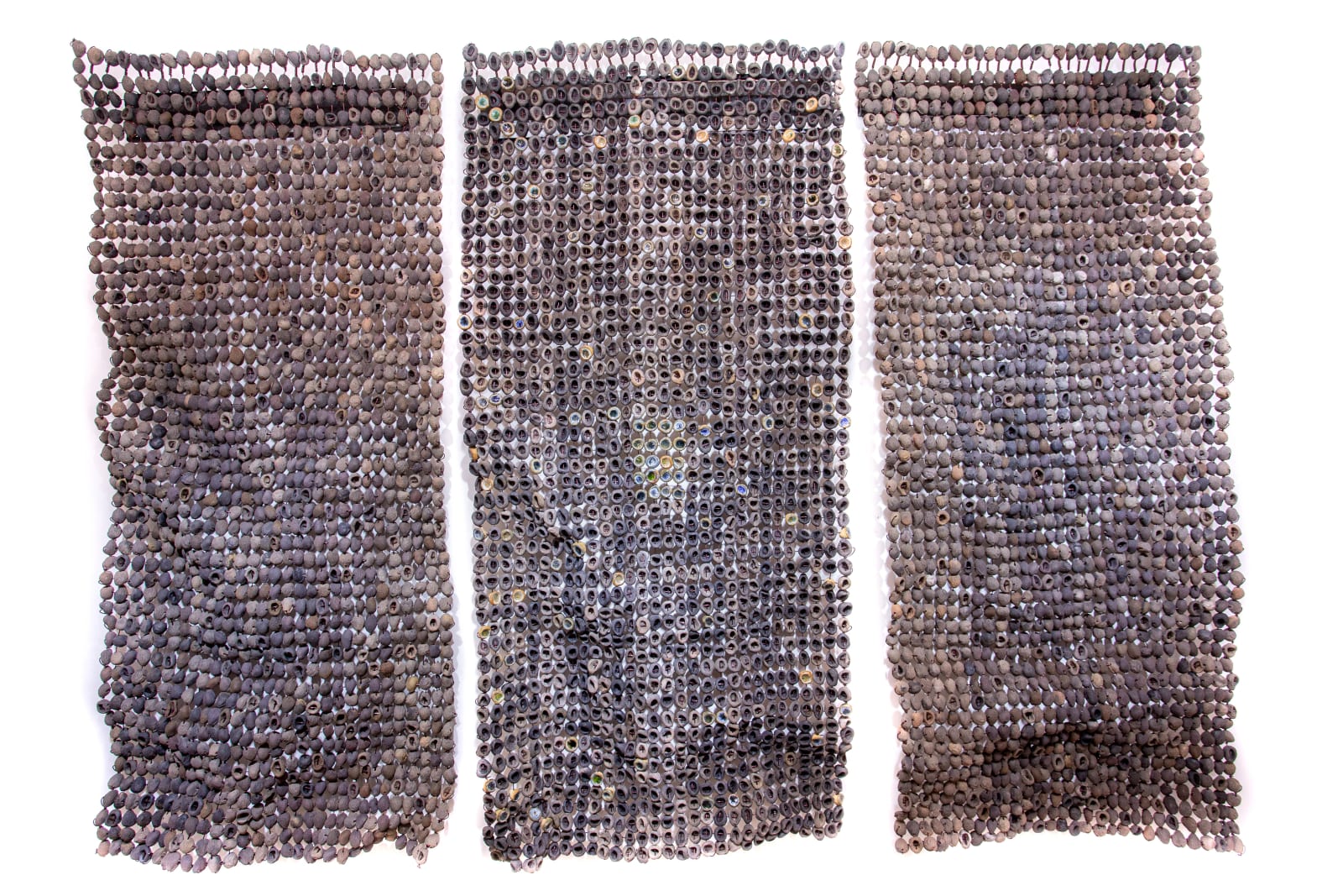 Ozioma Onuzulike, Treasure Islands II (28kg 4,728-piece ceramic palm kernel shell bead amour) [Triptych], 2021