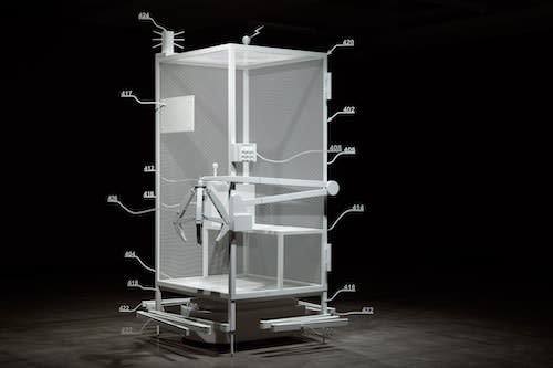 Simon Denny, Amazon worker cage patent drawing as virtual King Island Brown Thornbill cage (US 9,280,157 B2: “System and method for transporting personnel within an active workspace”, 2016), 2016