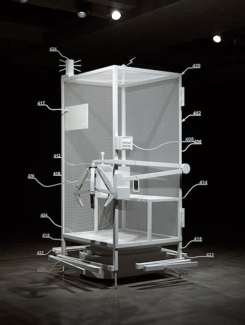 Simon Denny, Amazon worker cage patent drawing as virtual King Island Brown Thornbill cage (US 9,280,157 B2: “System and method for transporting personnel within an active workspace”, 2016), 2016