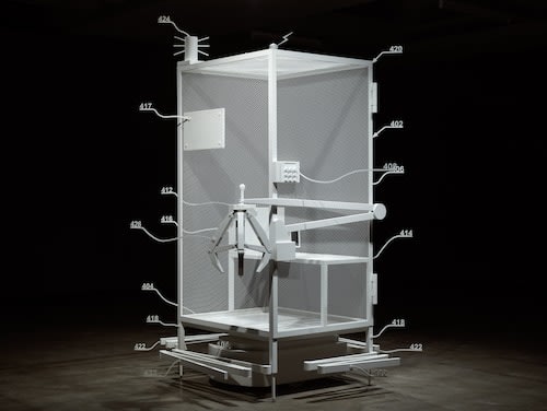 Simon Denny, Amazon worker cage patent drawing as virtual King Island Brown Thornbill cage (US 9,280,157 B2: “System and method for transporting personnel within an active workspace”, 2016), 2016