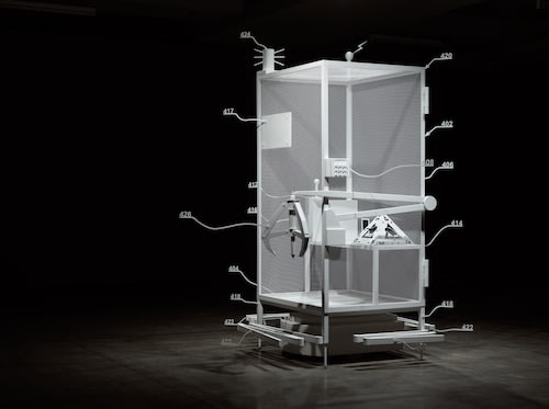 Simon Denny, Amazon worker cage patent drawing as virtual King Island Brown Thornbill cage (US 9,280,157 B2: “System and method for transporting personnel within an active workspace”, 2016), 2016