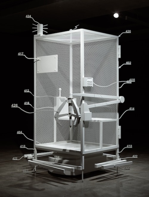Simon Denny, Amazon worker cage patent drawing as virtual King Island Brown Thornbill cage (US 9,280,157 B2: “System and method for transporting personnel within an active workspace”, 2016), 2016