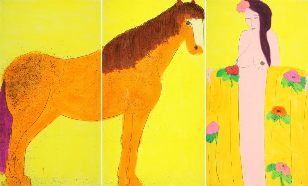 Walasse Ting 丁雄泉, Golden Horse with Girl in Golden Robe (Triptych) 金馬與金衫裸女 (三聯屏)