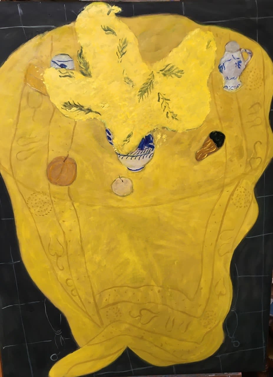 Pierre Boncompain 彭貢潘, Mimosa sur nappe jaune | Mimosa on Yellow Tablecloth《黃綢羞蕊》, 2024