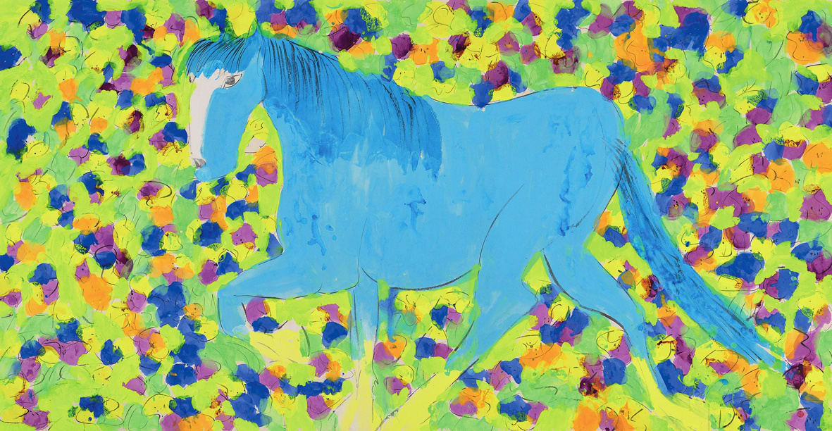 Walasse Ting 丁雄泉, Blue Horse Among the Petals 藍馬徜徉於花海