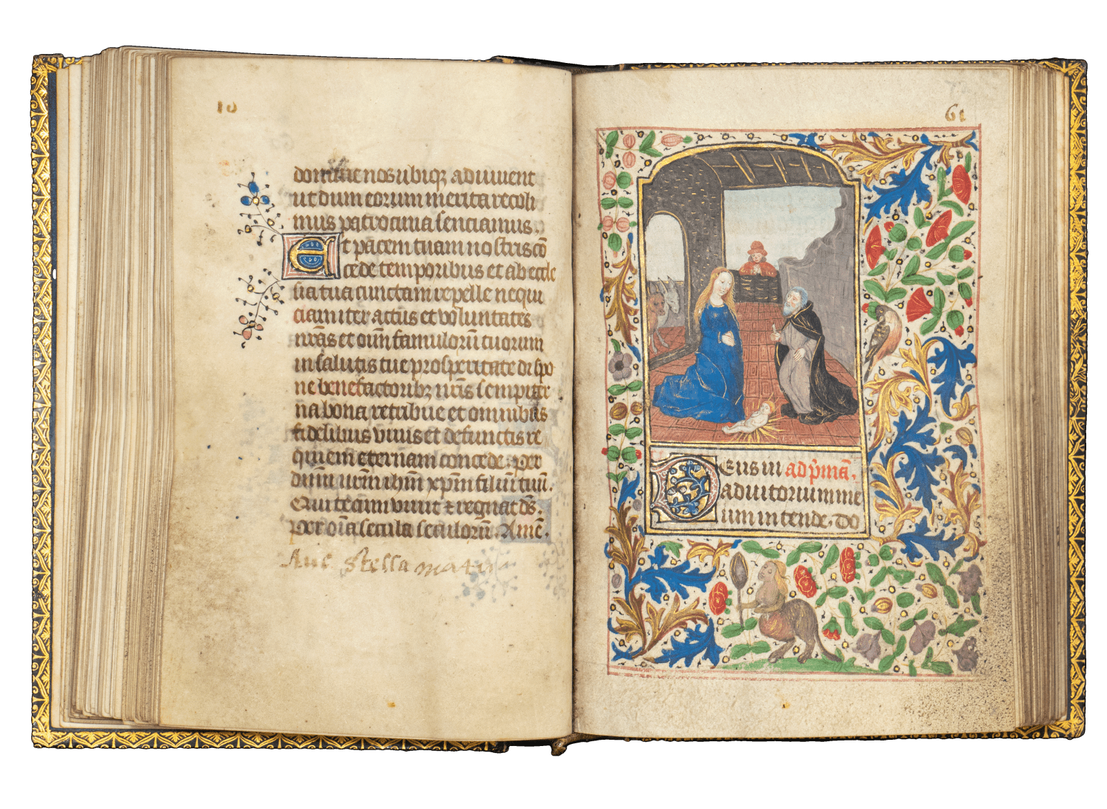 A Book of Hours (use of Rome) produced in Bruges c. 1460 and illuminated by the Mildmay Master. The image shows the illuminated manuscript open on the page of the Nativity miniature painting.