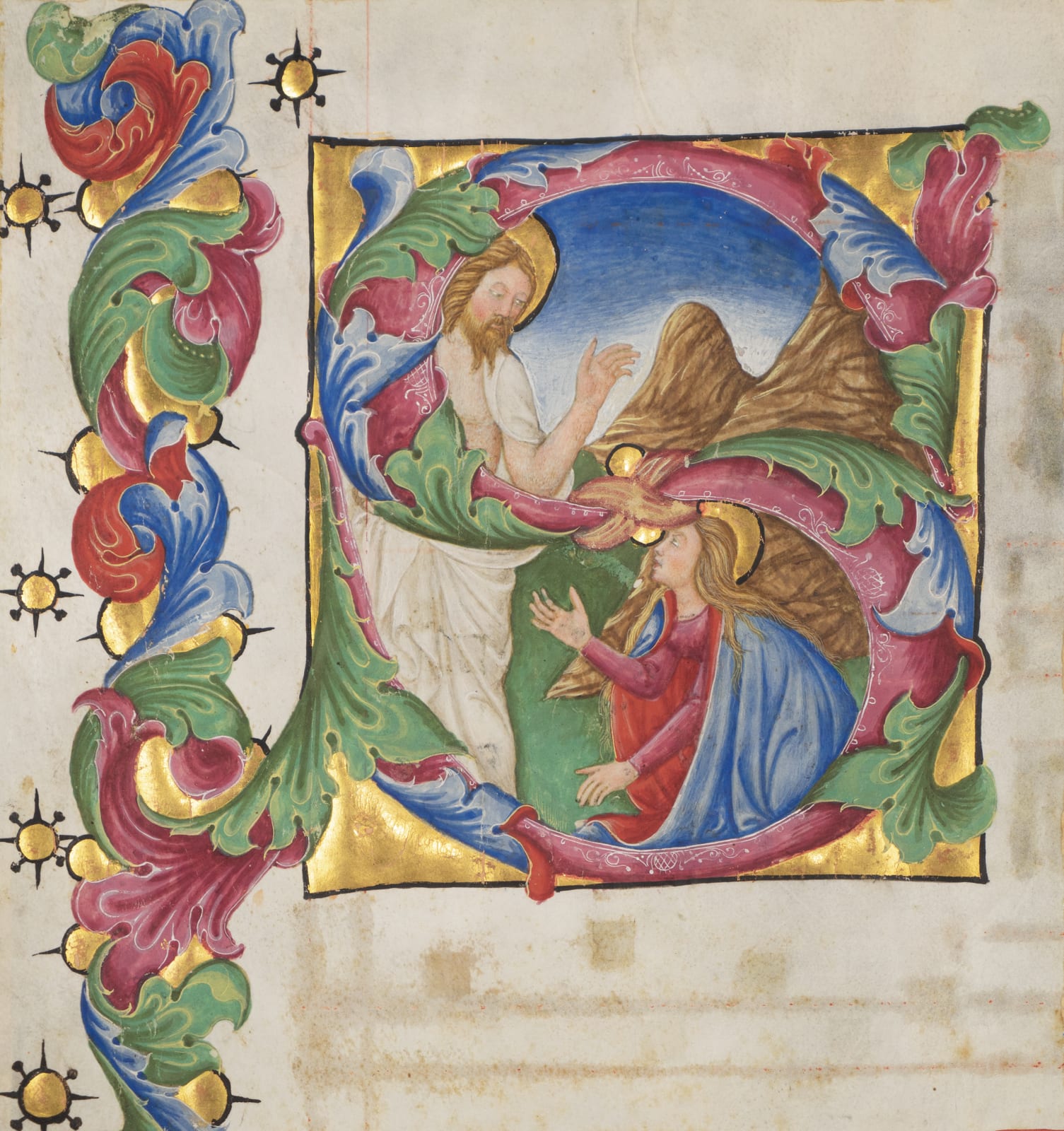 One large and shinning illumianted miniature from a large antiphonary realized in Italy, Venice, c. 1467-1470 for the church of San Giorgio Maggiore. The artwork depicts the Noli me Tangere: the Christ appears to Mary Magdalena, who tries to touch him.