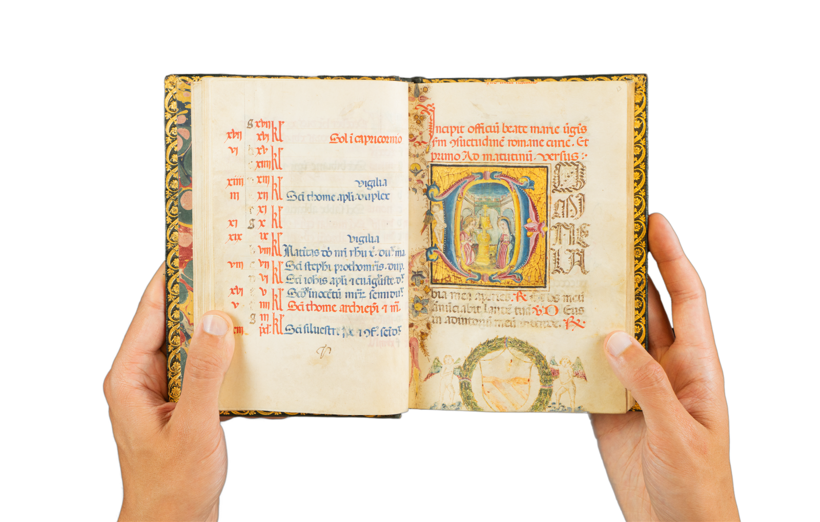 a richly illuminated medieval manuscript, an Italian Book of Hours made in Roma, signed and dated
