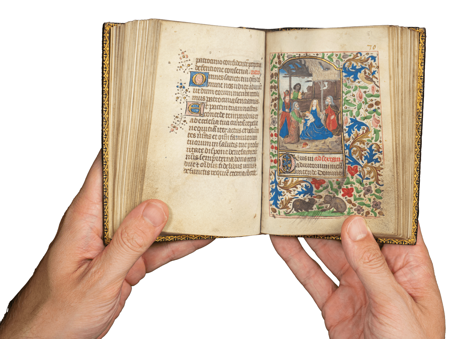 A Book of Hours (use of Rome) produced in Bruges c. 1460 and illuminated by the Mildmay Master. The image shows the illuminated manuscript open on the page of the Virgin and Child miniature painting.
