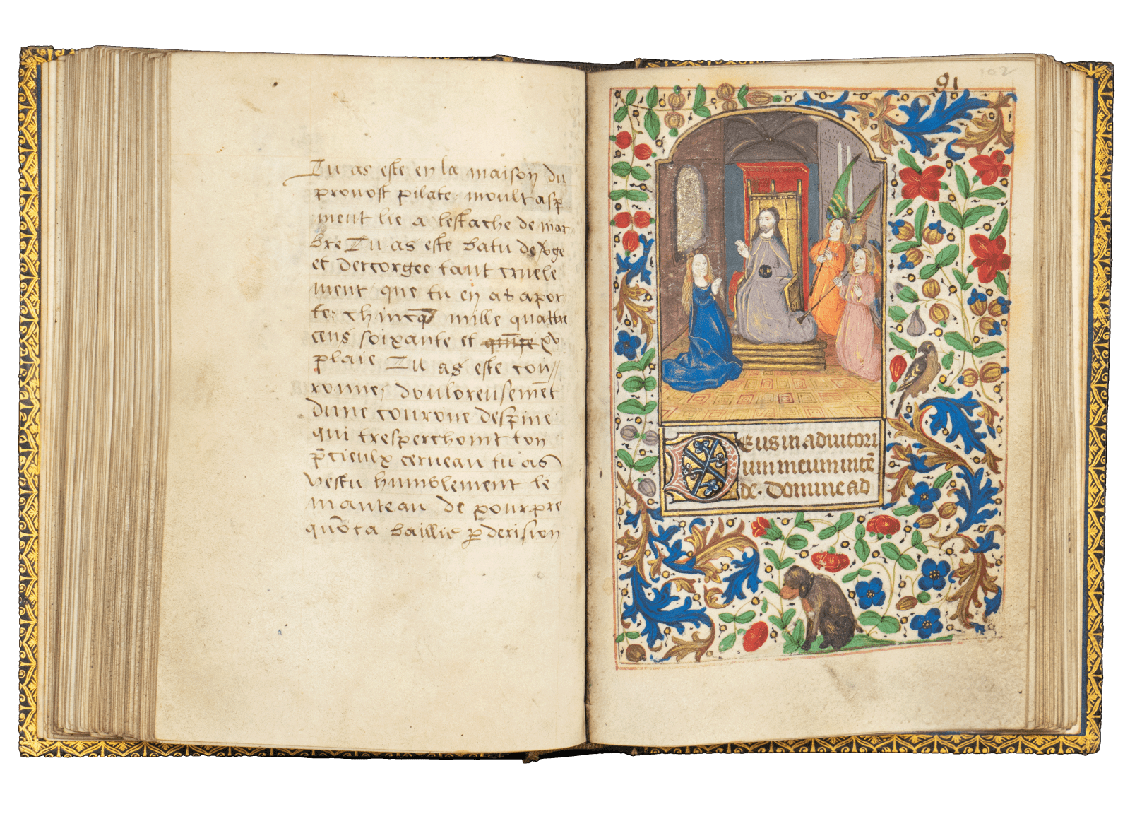 A Book of Hours (use of Rome) produced in Bruges c. 1460 and illuminated by the Mildmay Master. The image shows the illuminated manuscript open on the page of the Coronation of the Virgin miniature painting.
