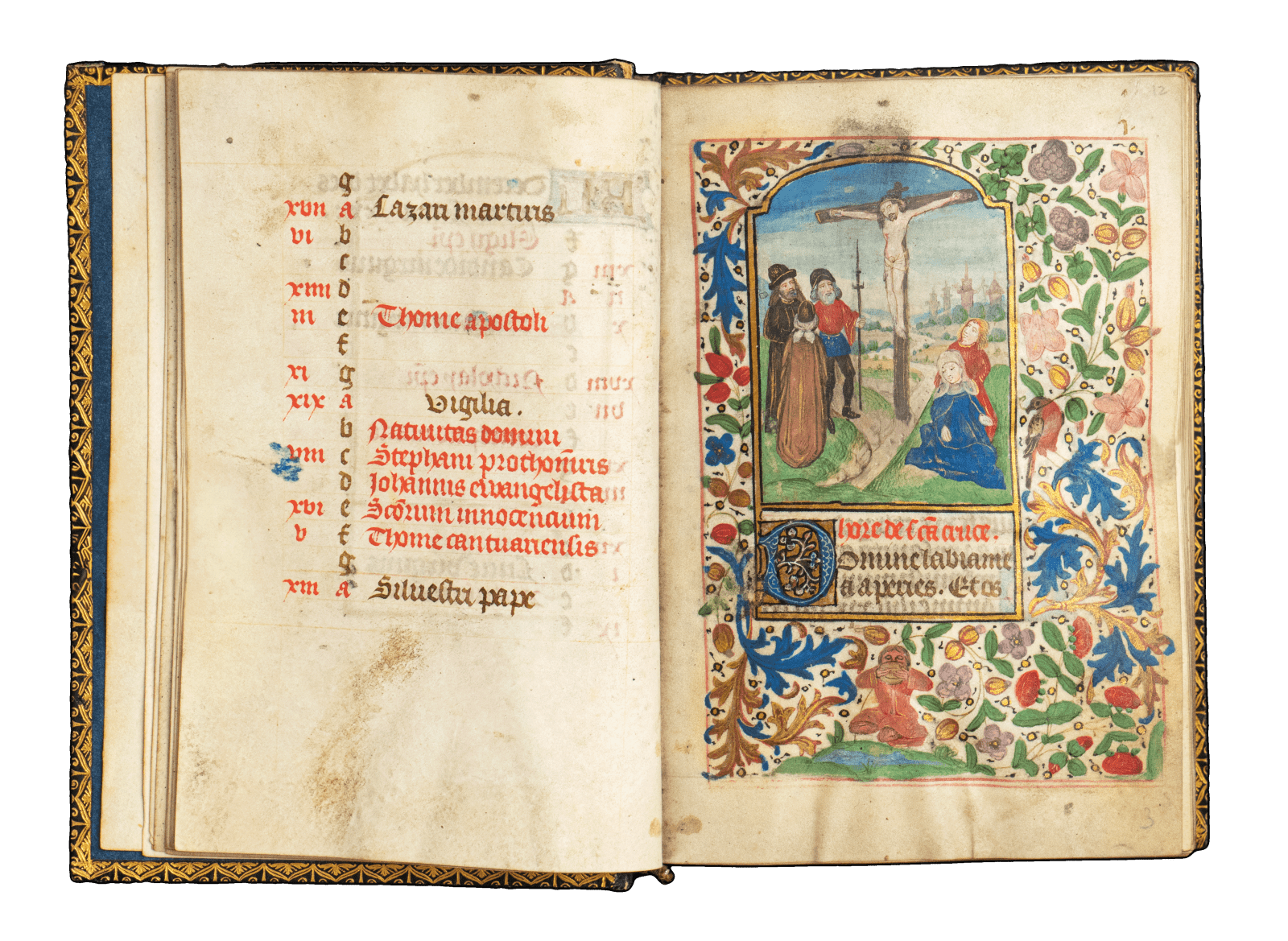 A Book of Hours (use of Rome) produced in Bruges c. 1460 and illuminated by the Mildmay Master. The image shows the illuminated manuscript open on the page of the Crucifixion miniature painting.