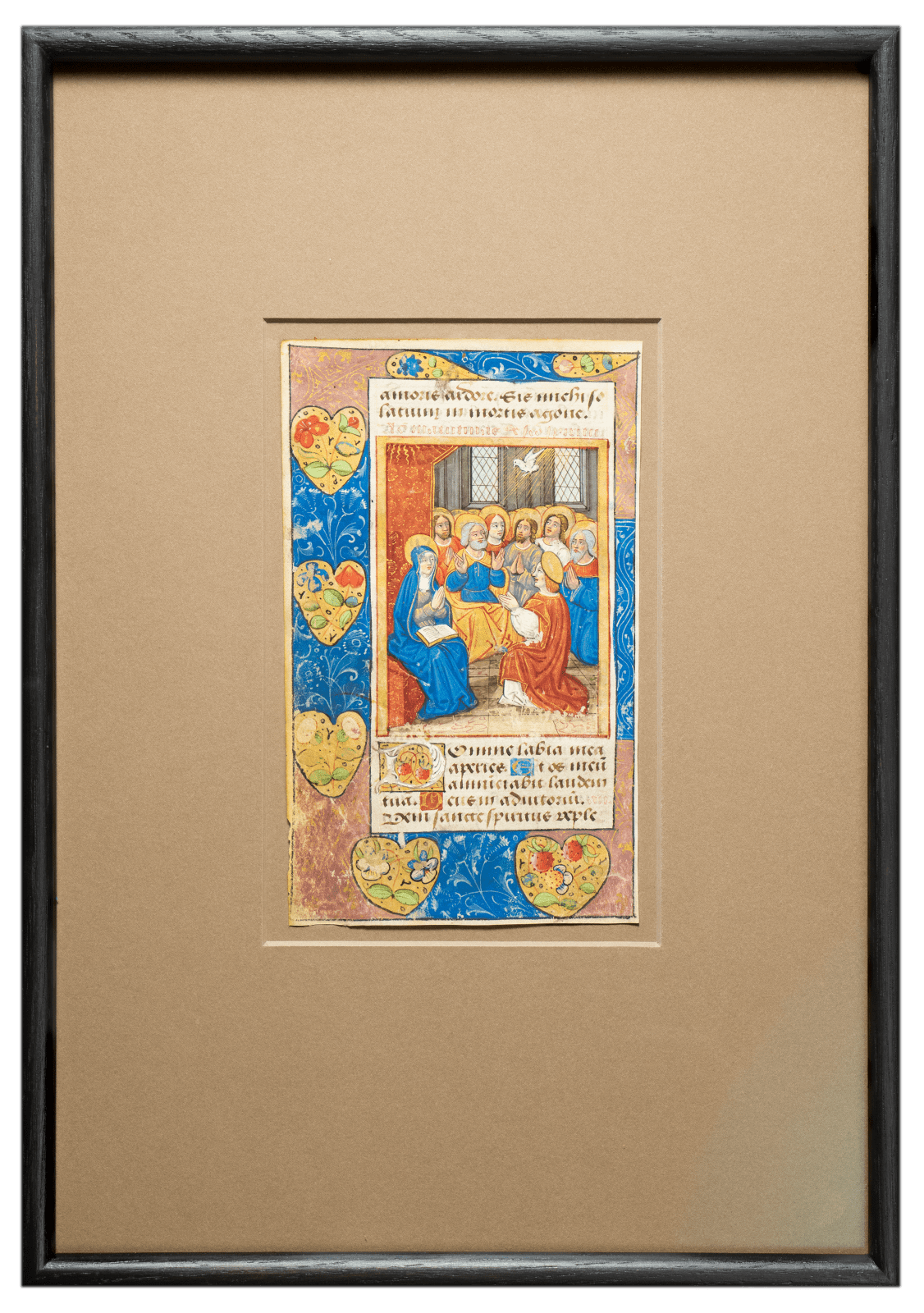 a renaissance miniature painting depicting the Pentecost, from a Book of Hours, in a frame