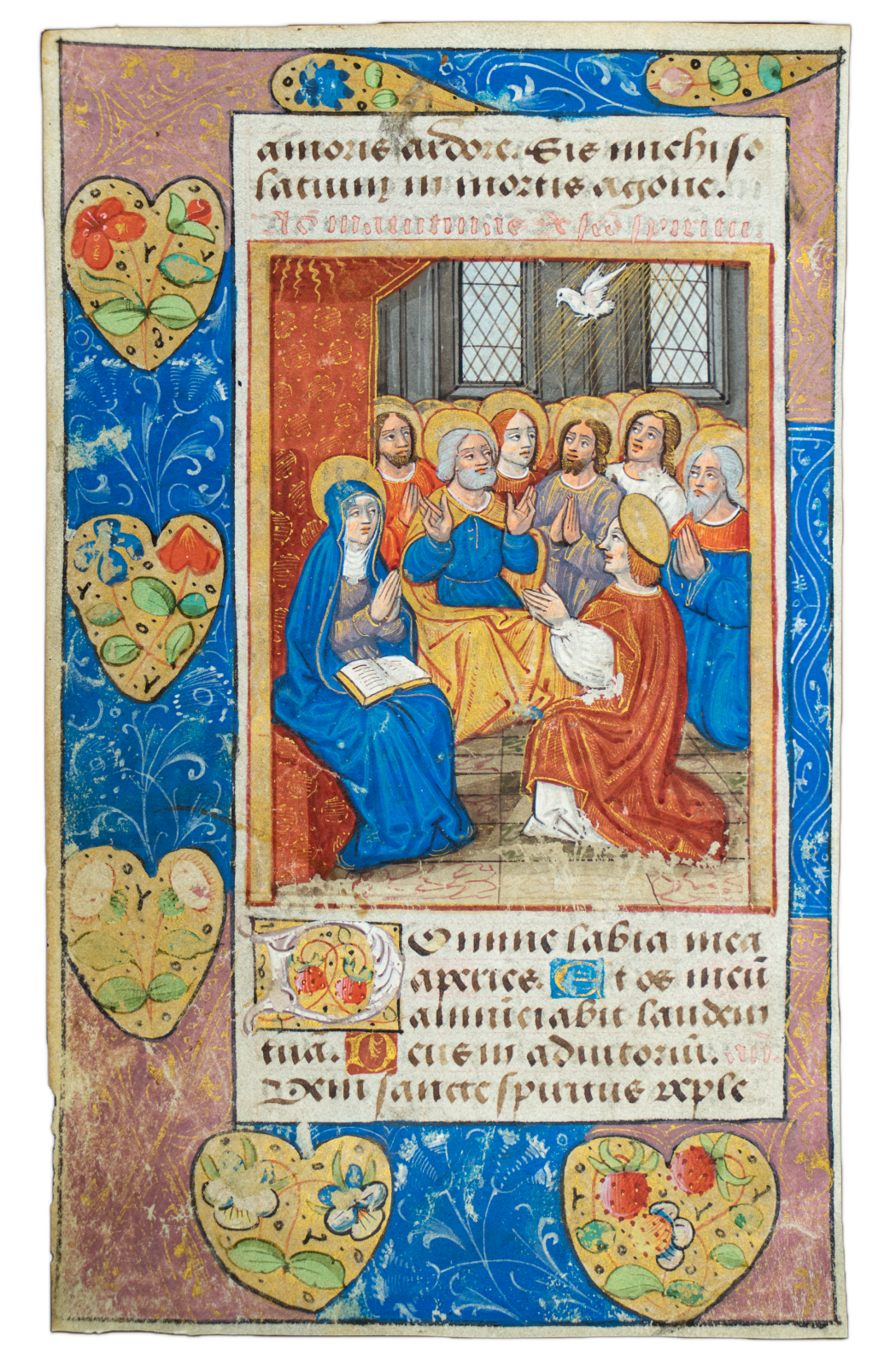 a Renaissance miniature painting depicting the Pentecost, from an illuminated manuscript, with a lot of colors