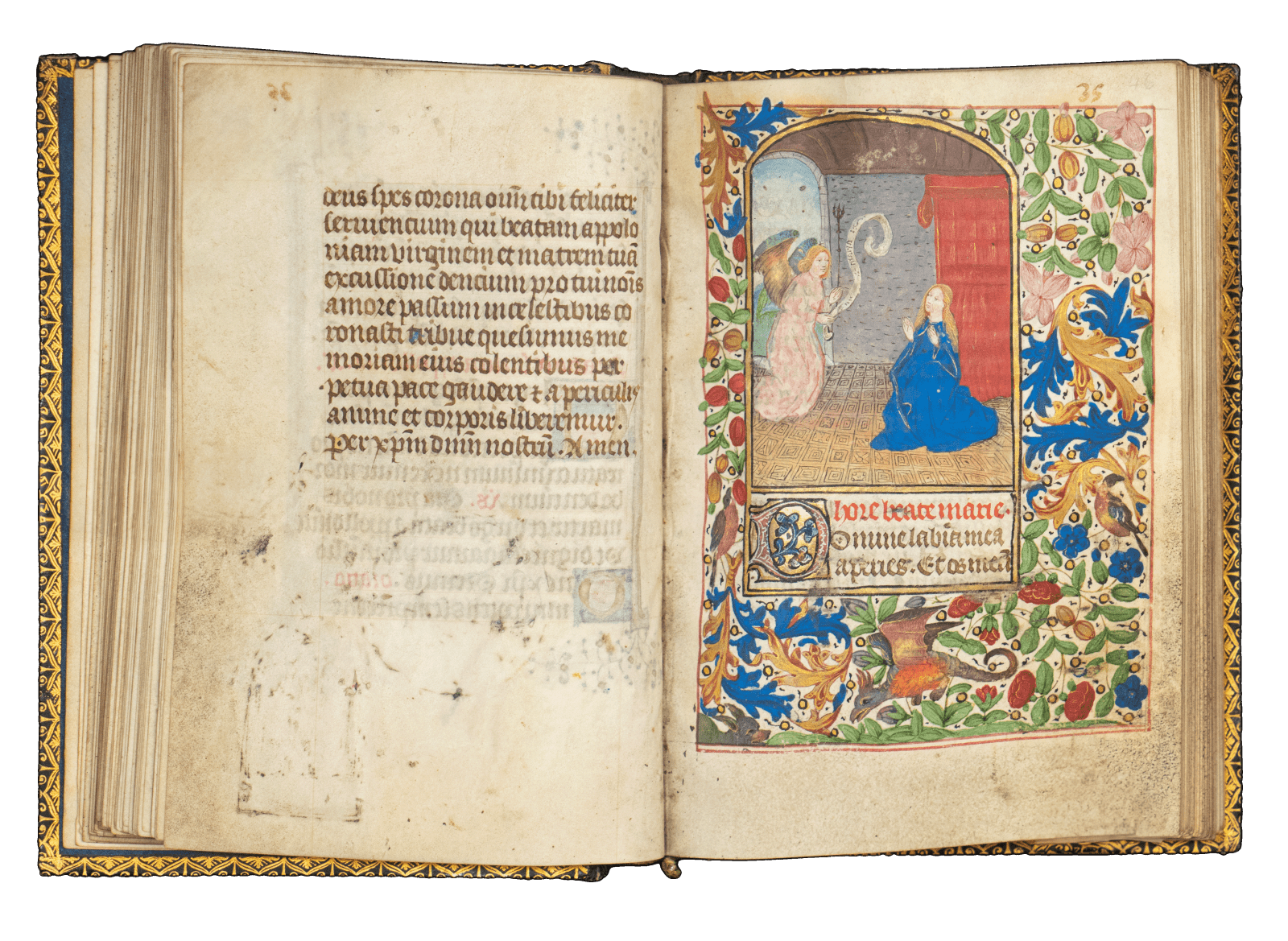 A Book of Hours (use of Rome) produced in Bruges c. 1460 and illuminated by the Mildmay Master. The image shows the illuminated manuscript open on the page of the Annunciation miniature painting.