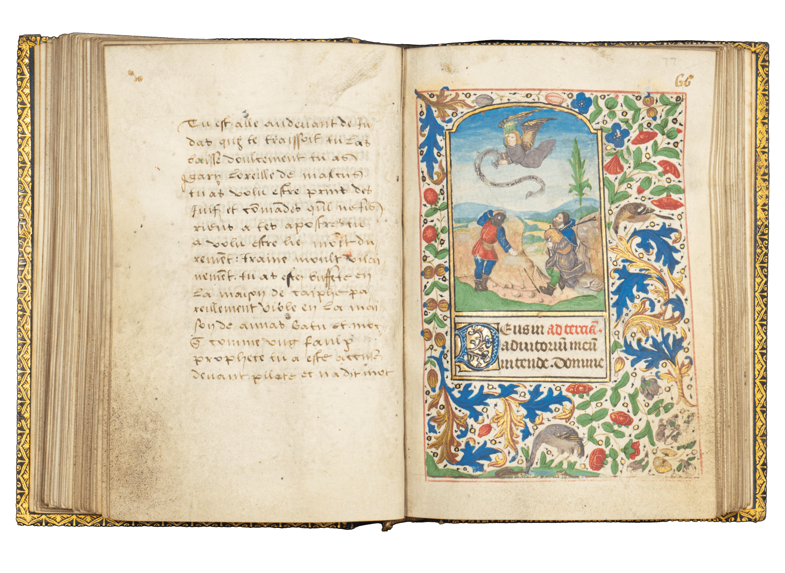 A Book of Hours (use of Rome) produced in Bruges c. 1460 and illuminated by the Mildmay Master. The image shows the illuminated manuscript open on the page of the Annunciation to the Shepherds miniature painting.