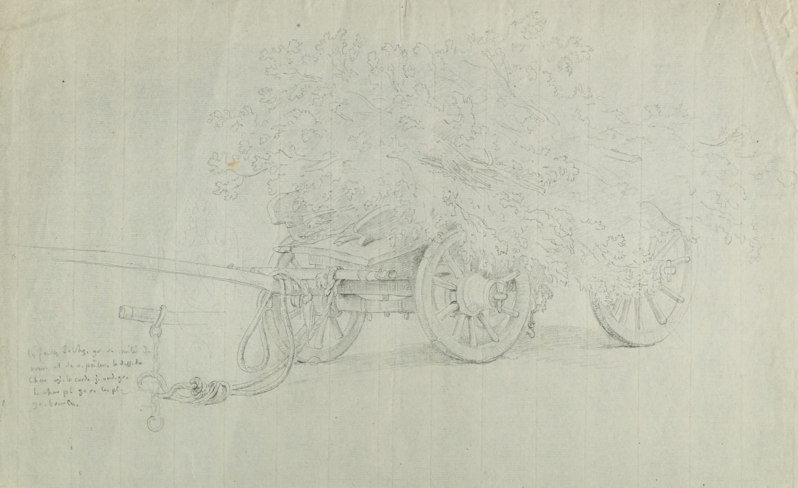 Pencil sketch of a cart filled with foliage by Wolfgang-Adam Töpffer, highlighting detailed wheels and branches, by Wolfgang-Adam Töpffer.