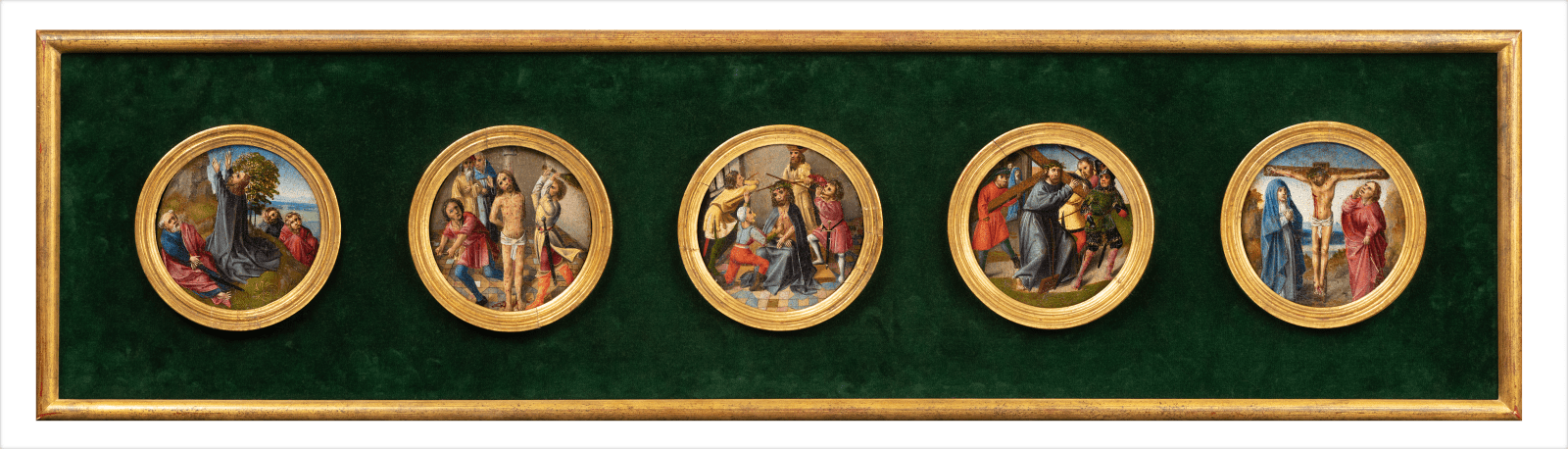 Five medallions depicting the Five Sorrowful Mysteries, from a lost painting of Our Lady of the Rosary, executed in Brussels c. 1500 by the Master of the Orsoy Altarpiece, important artist from the workshop of Colijn de Coter