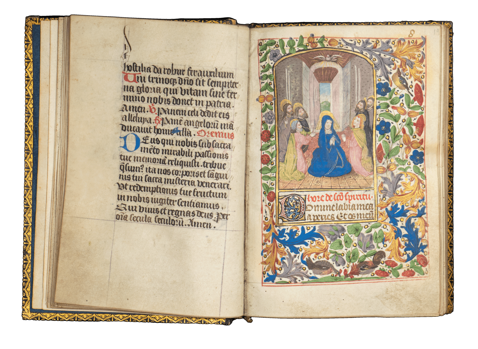 A Book of Hours (use of Rome) produced in Bruges c. 1460 and illuminated by the Mildmay Master. The image shows the illuminated manuscript open on the page of the Pentecost miniature painting.