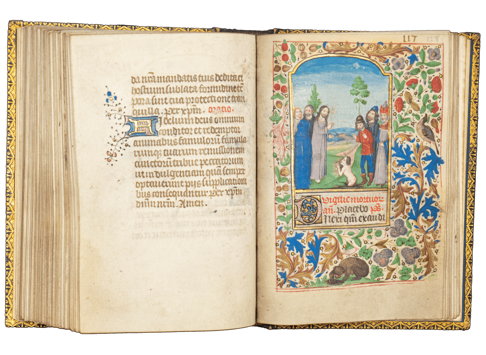 A Book of Hours (use of Rome) produced in Bruges c. 1460 and illuminated by the Mildmay Master. The image shows the illuminated manuscript open on the page of the Raising of Lazarus miniature painting.