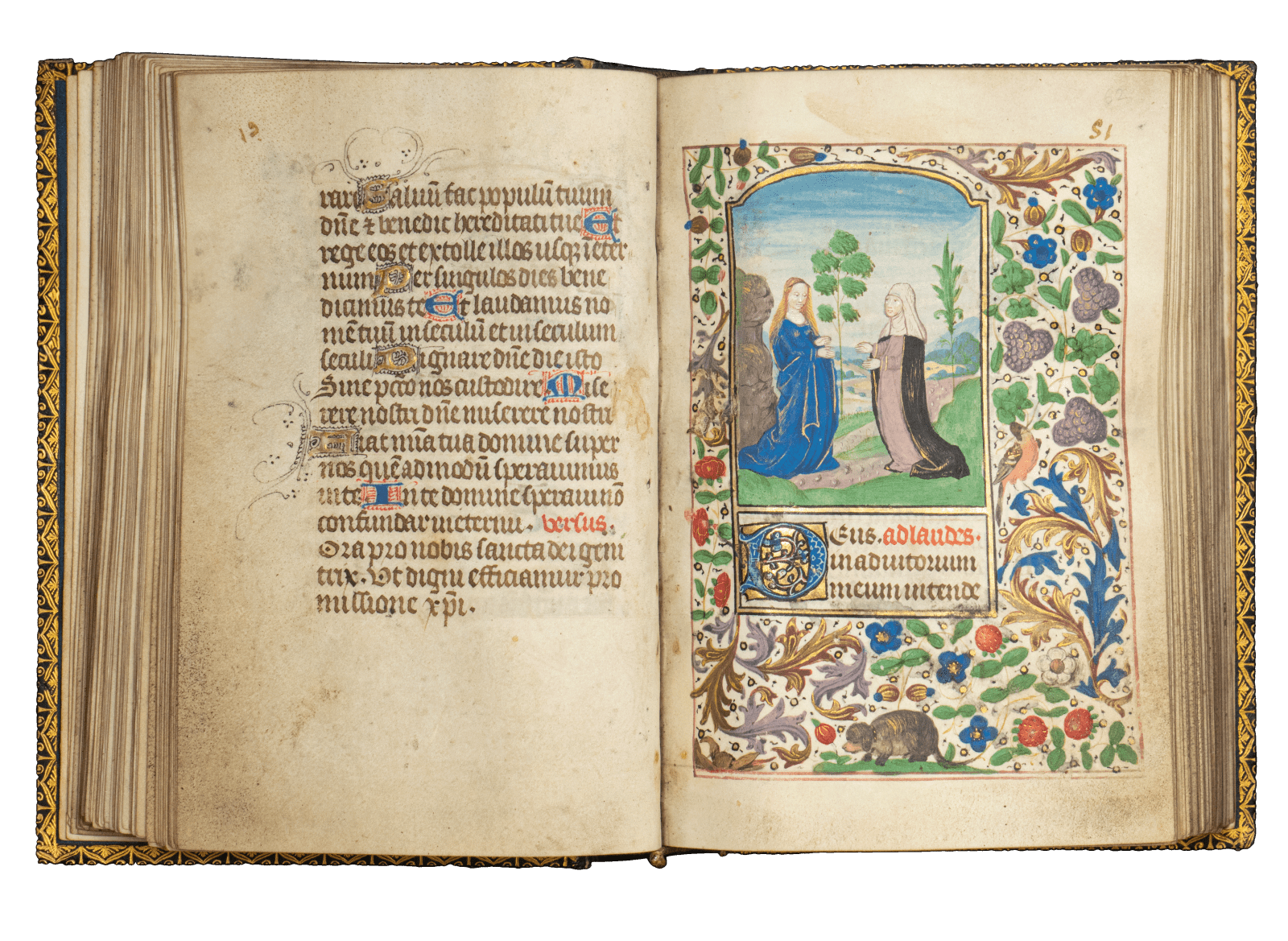 A Book of Hours (use of Rome) produced in Bruges c. 1460 and illuminated by the Mildmay Master. The image shows the illuminated manuscript open on the page of the Visitation miniature painting.